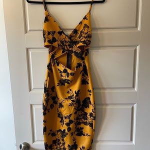 Mustard and black flower print cut out mini dress